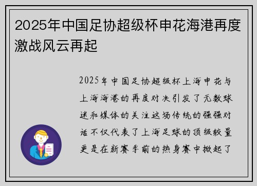 2025年中国足协超级杯申花海港再度激战风云再起