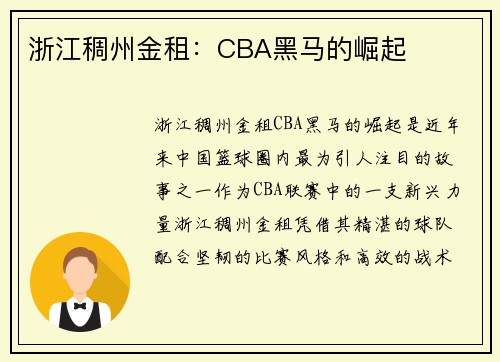 浙江稠州金租：CBA黑马的崛起