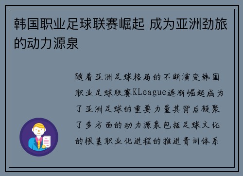 韩国职业足球联赛崛起 成为亚洲劲旅的动力源泉