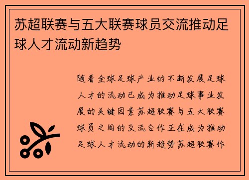 苏超联赛与五大联赛球员交流推动足球人才流动新趋势